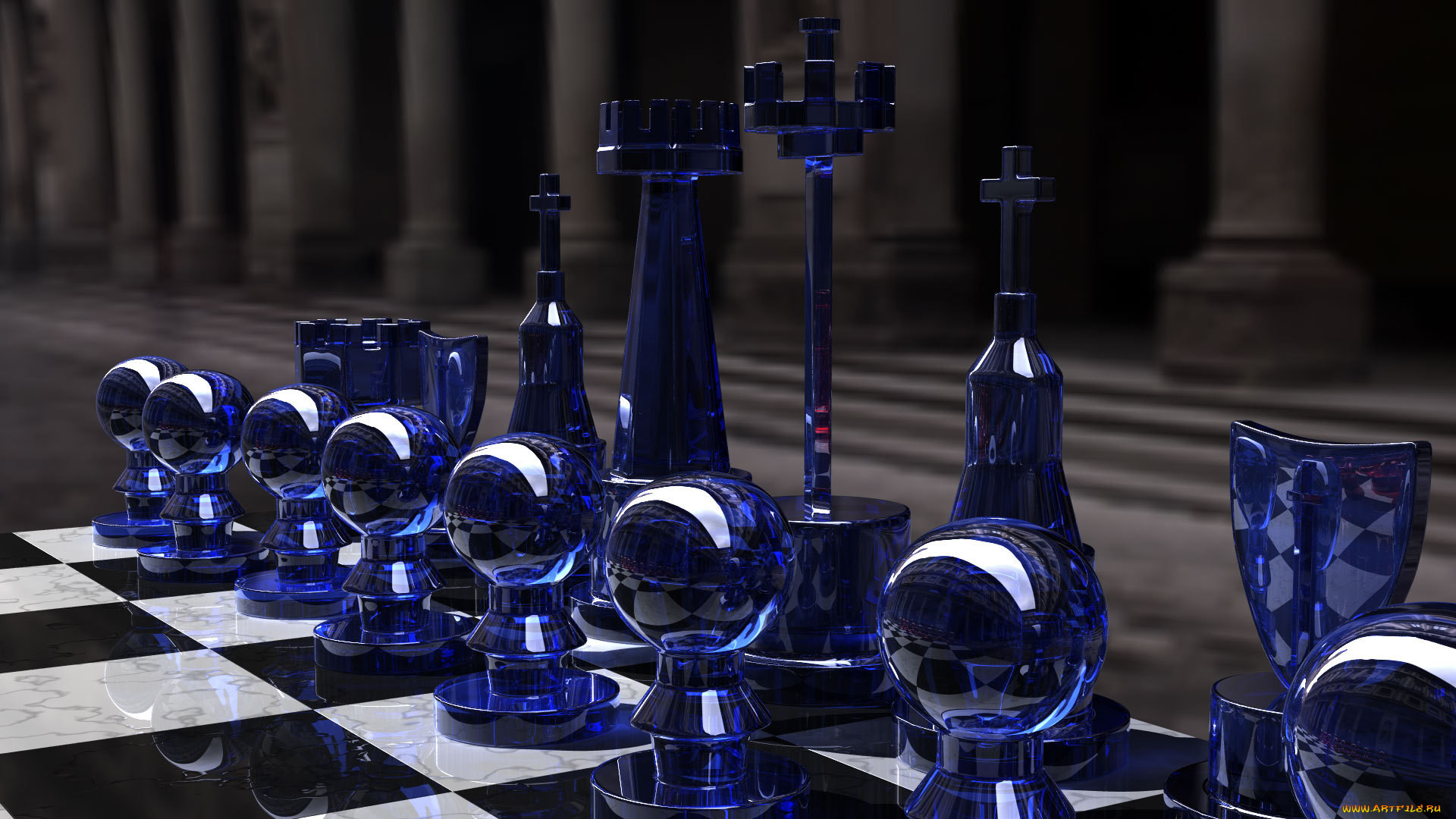 ,  ,   , chess, set, blue, side, kjasi, rendering, glass, , , , , , , , , , 